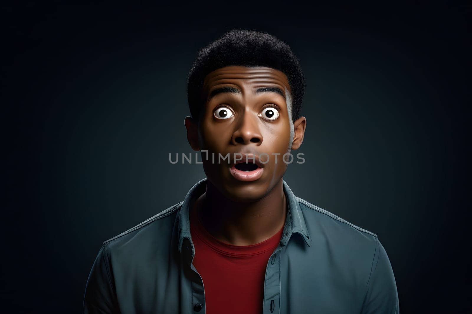surprised African American man, head and shoulders portrait on black background. Neural network generated image. Not based on any actual person or scene.