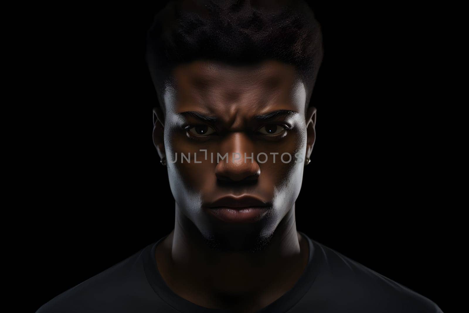 serious young adult African American man, head and shoulders portrait on black background. Neural network generated photorealistic image. Not based on any actual person or scene.