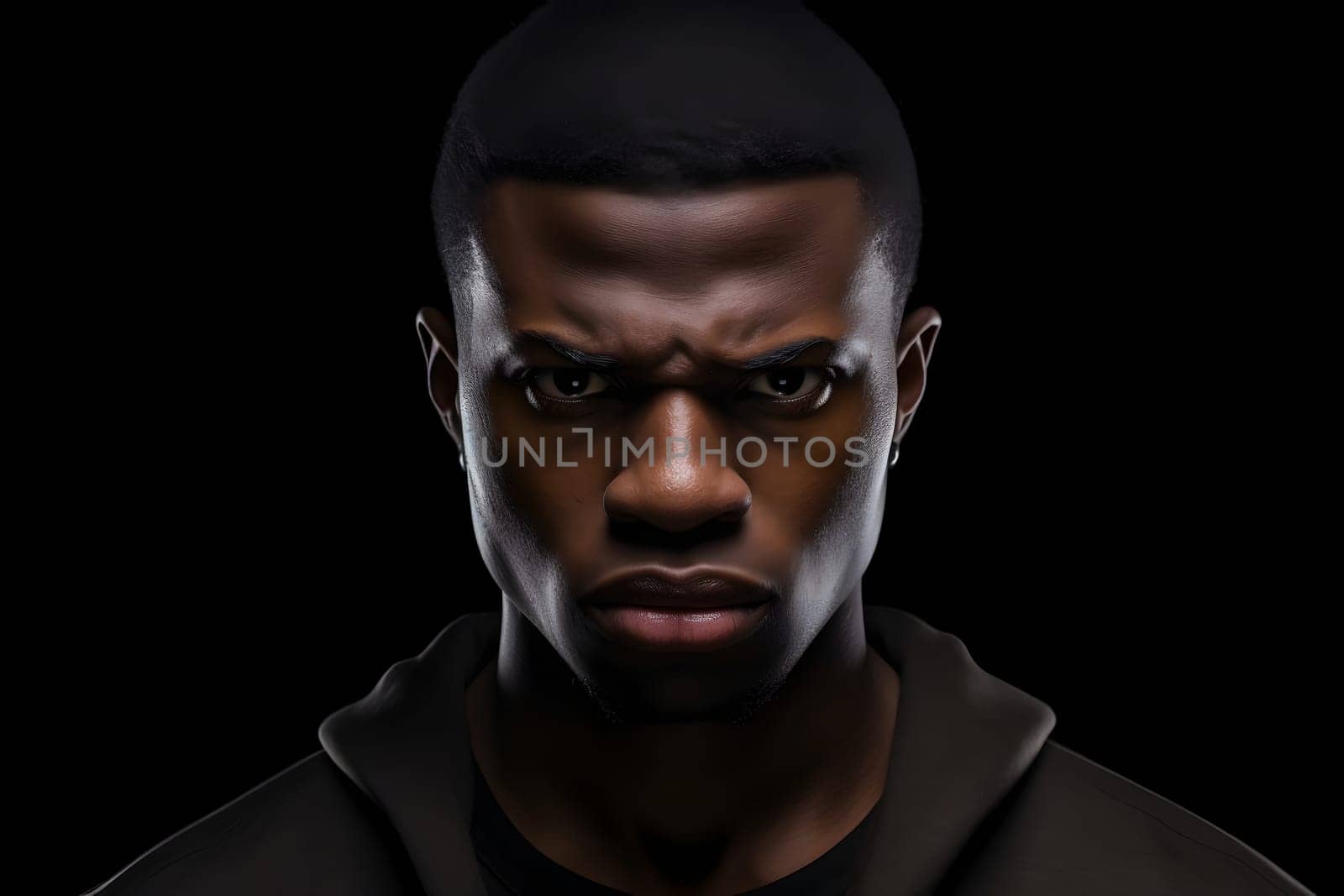 serious young adult African American man, head and shoulders portrait on black background. Neural network generated photorealistic image. Not based on any actual person or scene.
