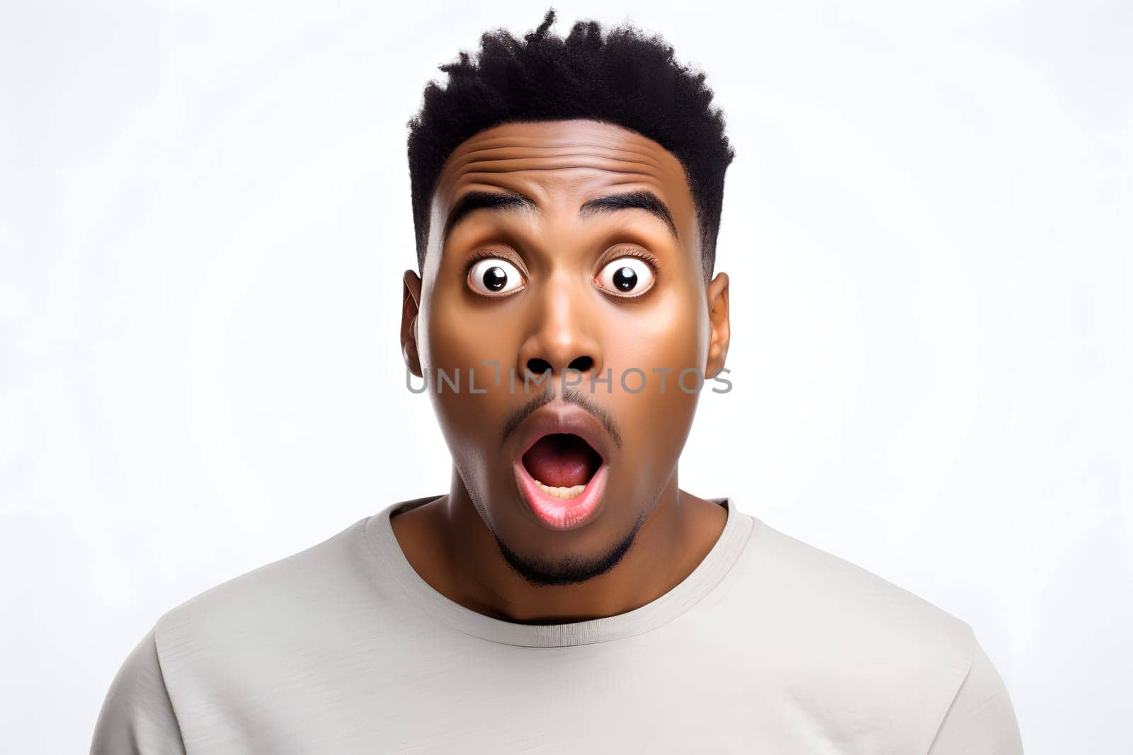 surprised African American man, head and shoulders portrait on white background. Neural network generated image. Not based on any actual person or scene.