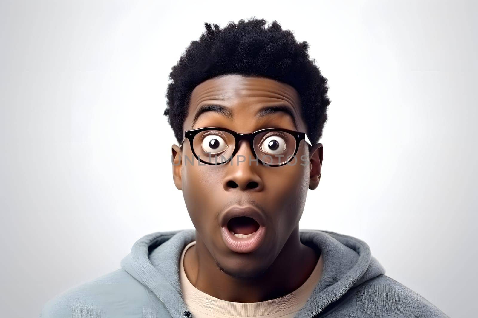 surprised African American man with glasses, head and shoulders portrait on white background. Neural network generated image. Not based on any actual person or scene.