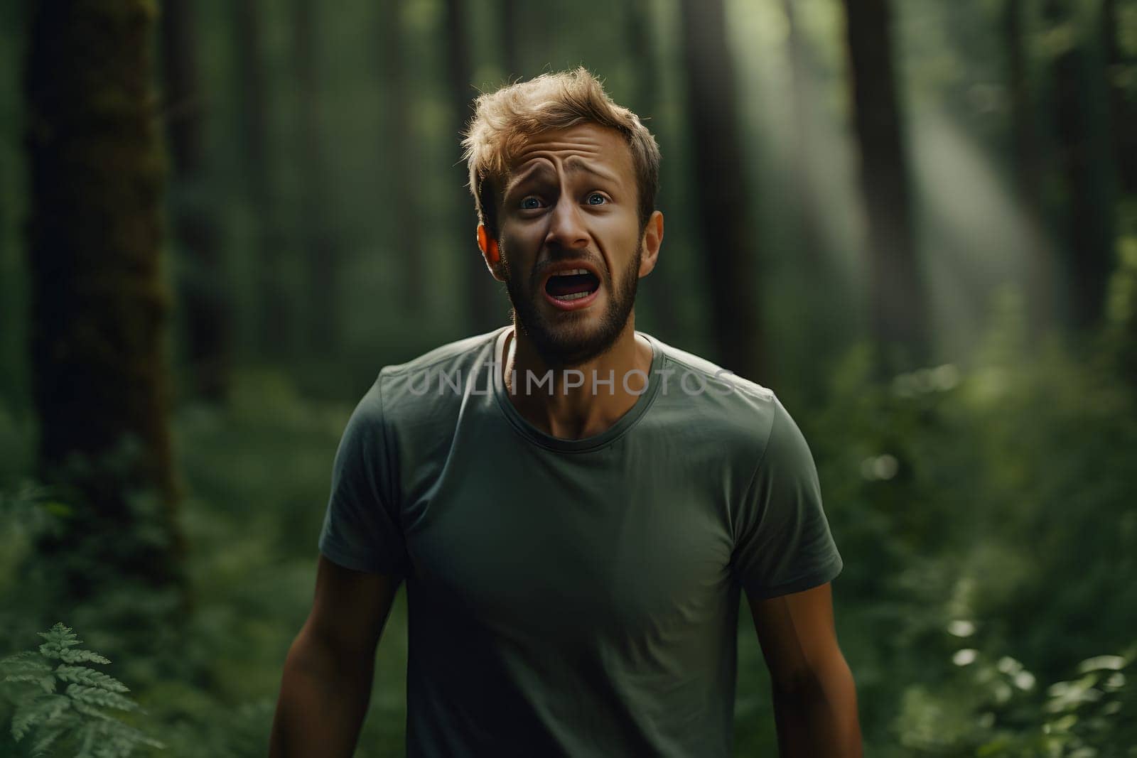 scared Caucasian young adult man lost in forest at summer. Neural network generated image. Not based on any actual person or scene.