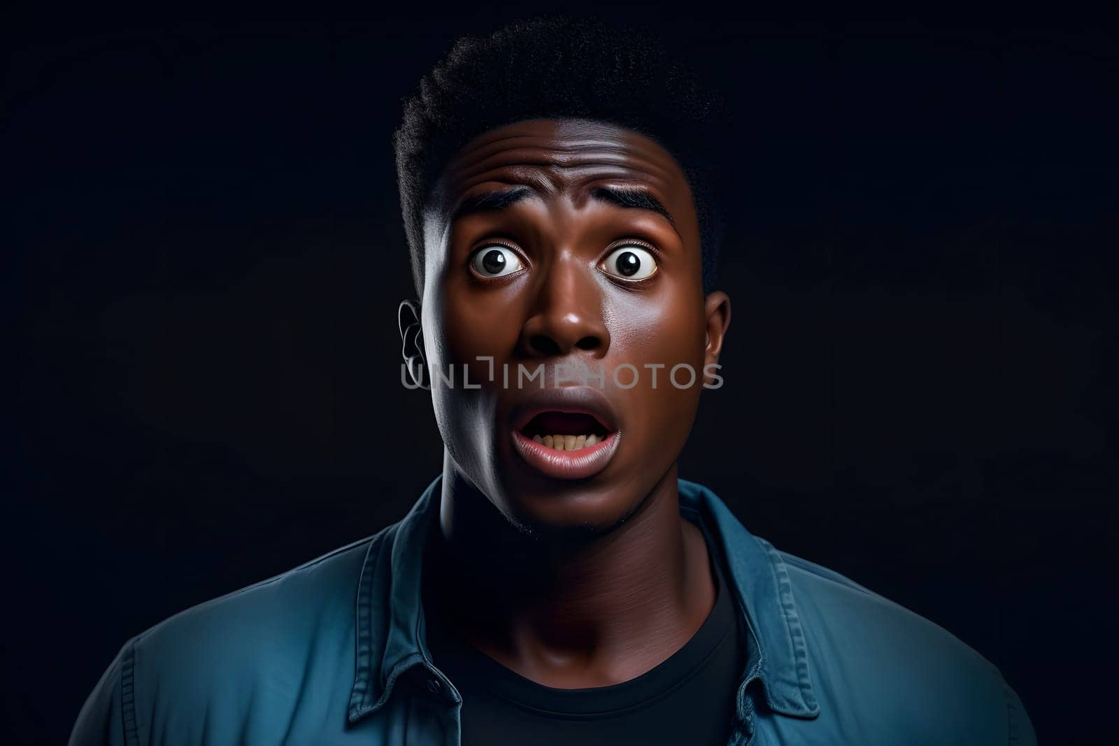 surprised and scared African American man, head and shoulders portrait on black background. Neural network generated image. Not based on any actual person or scene.