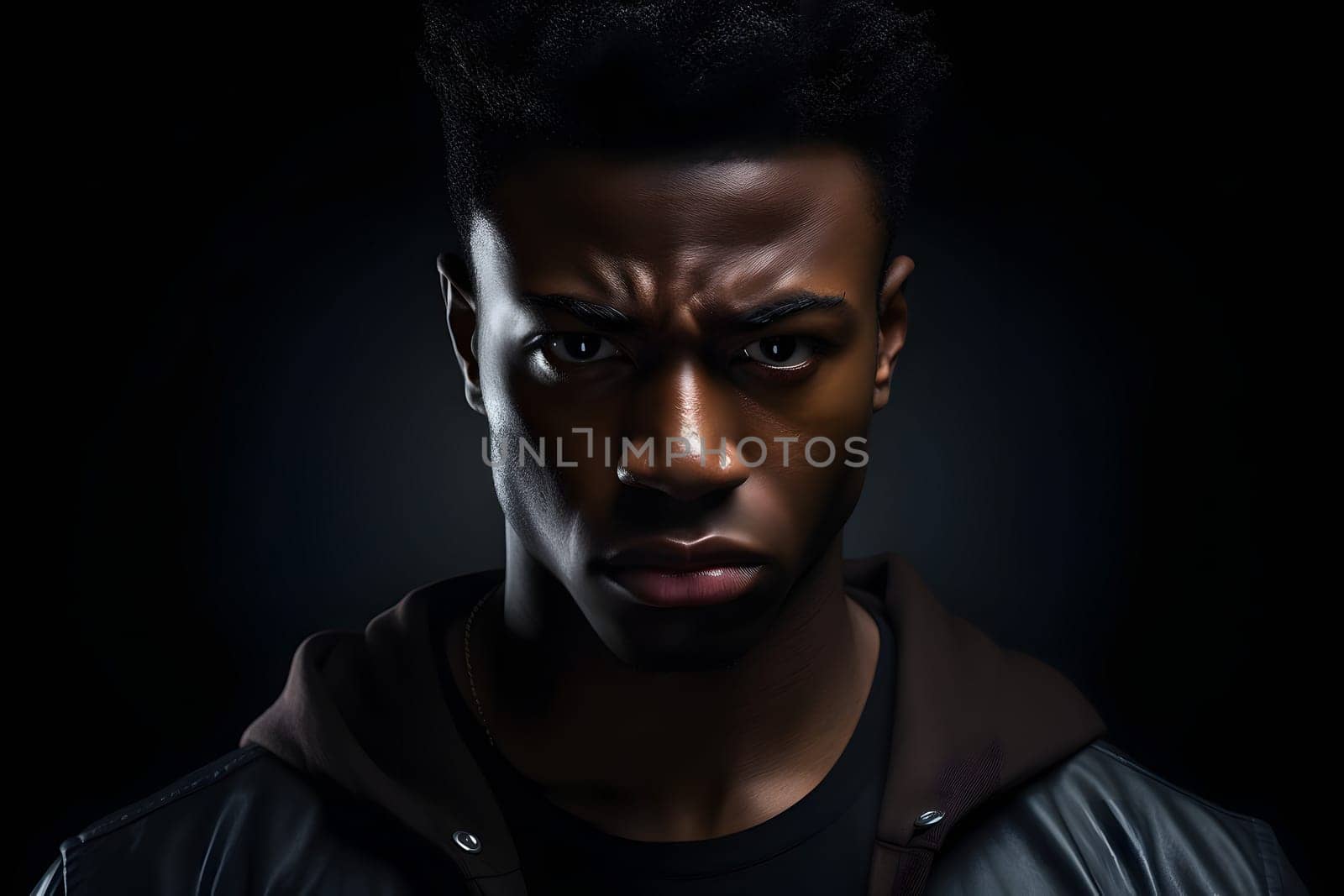 serious young adult African American man, head and shoulders portrait on black background. Neural network generated photorealistic image. Not based on any actual person or scene.