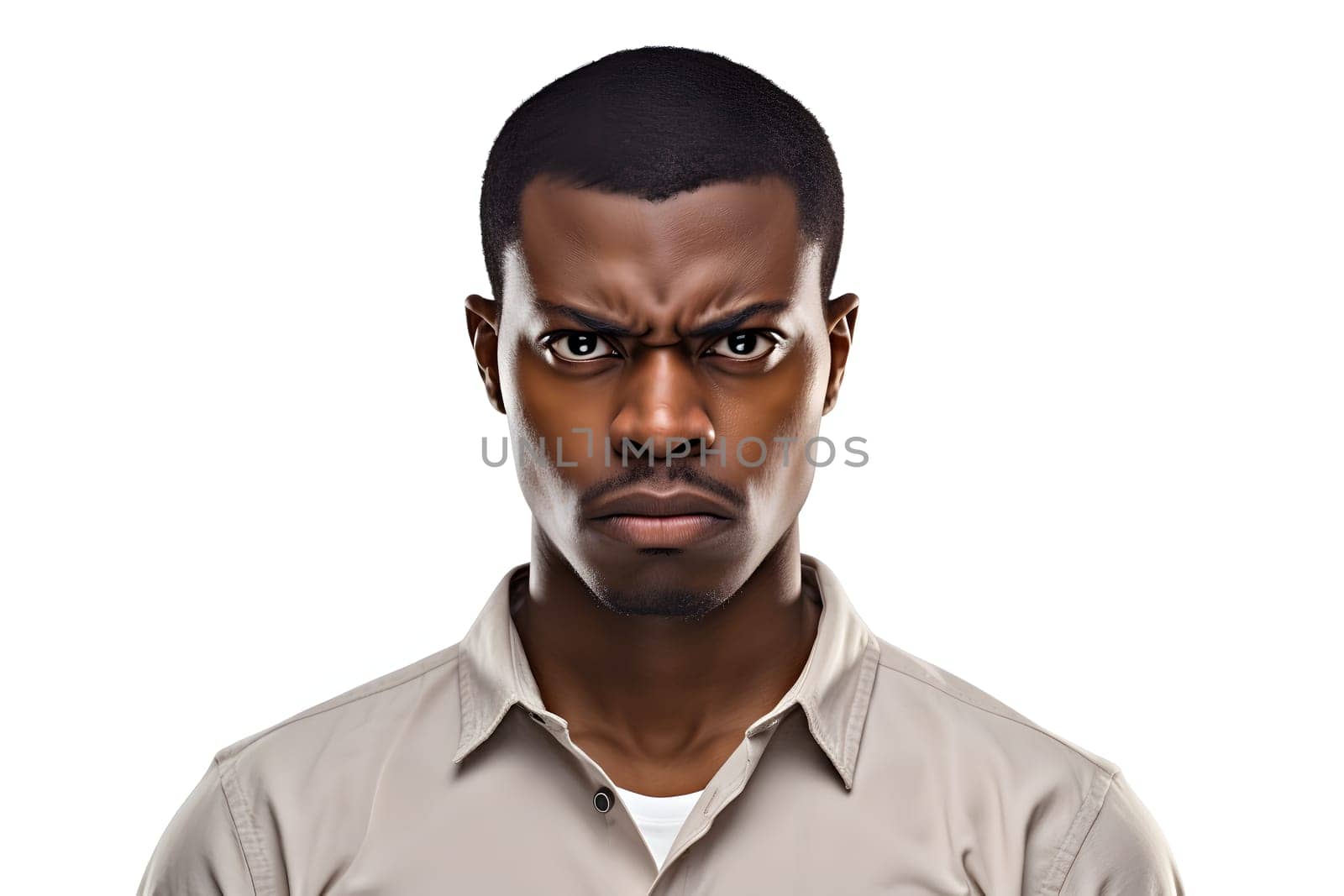 grim young adult African American man, head and shoulders portrait on white background. Neural network generated photorealistic image. Not based on any actual person or scene.