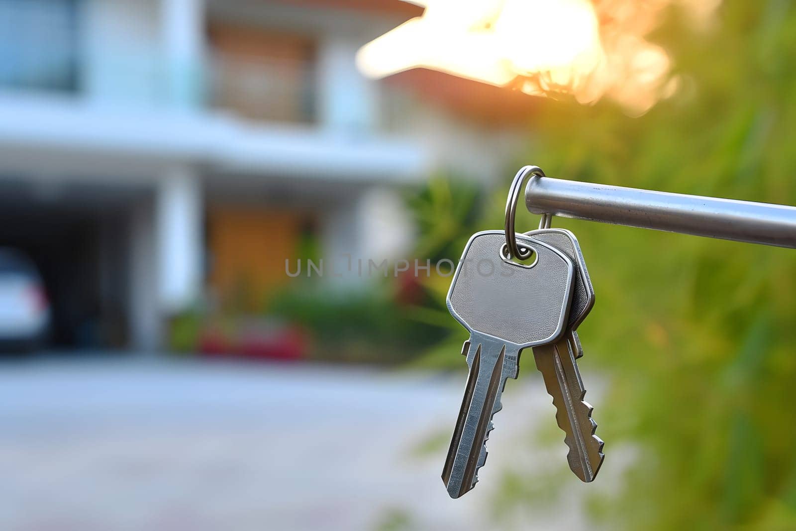 Keys in front of new house at sunny summer morning or evening. Neural network generated image. Not based on any actual person or scene.