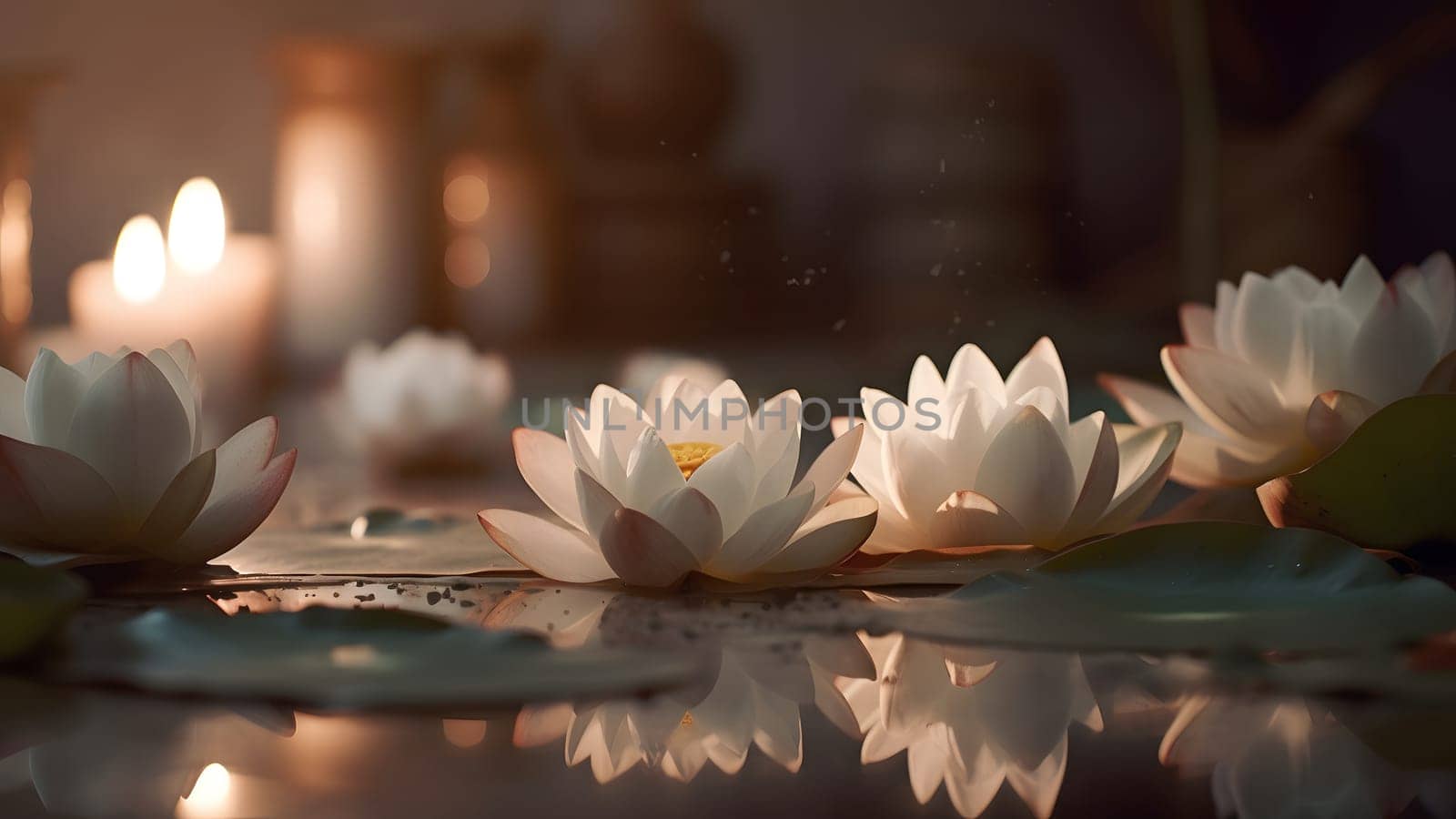zen ambience - lotus flower on water surface with bokeh. Neural network generated in May 2023. Not based on any actual scene or pattern.