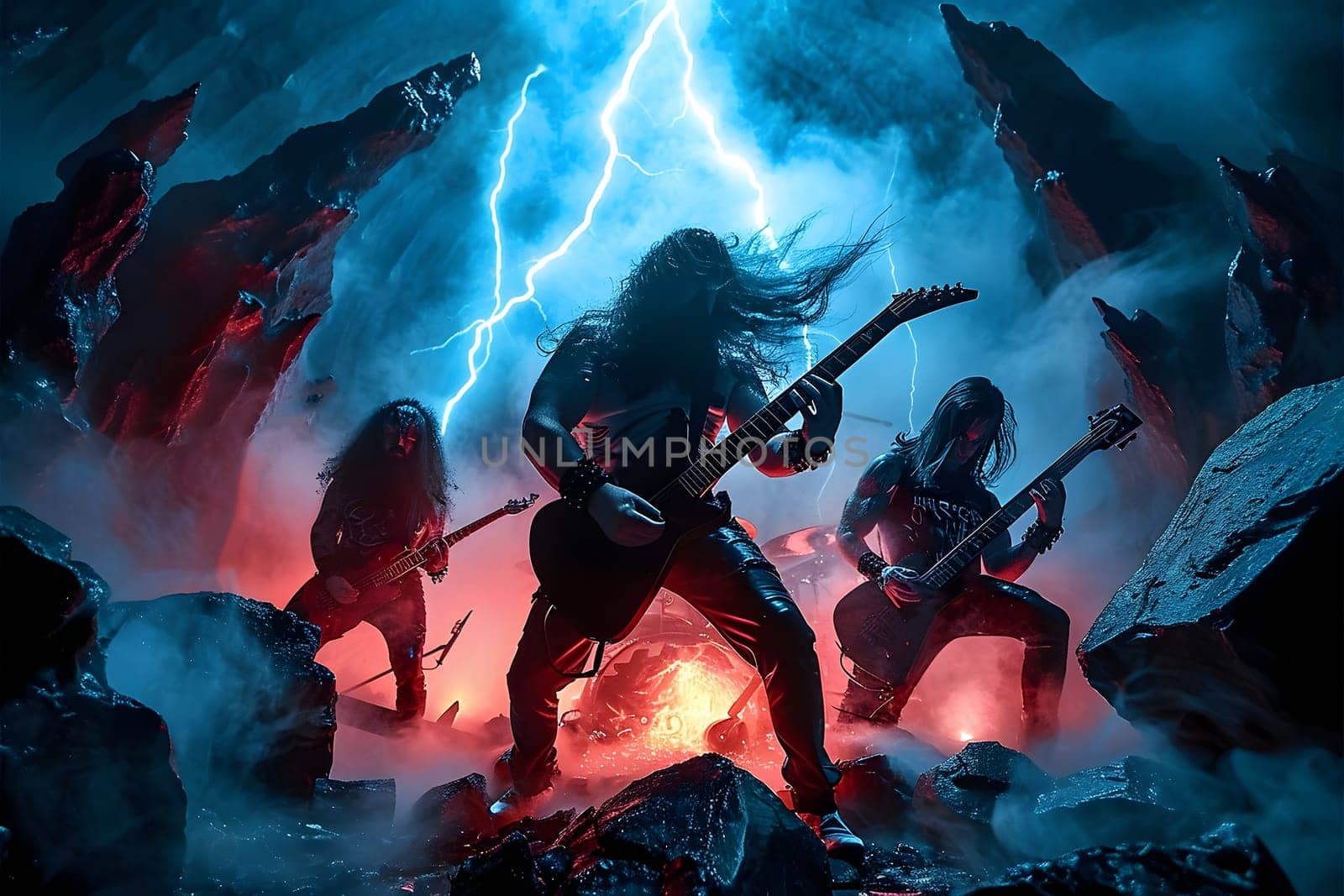hellish rock musicians band with electric guitars in a rock world/ Digitally generated image. Not based on any actual person, scene or pattern.