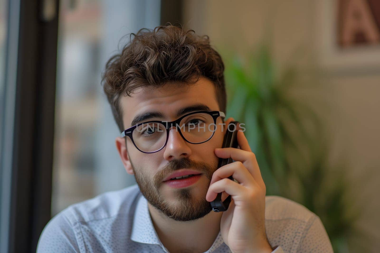 Young adult Caucasian business man answering to mobile phone call. Neural network generated image. Not based on any actual person or scene.
