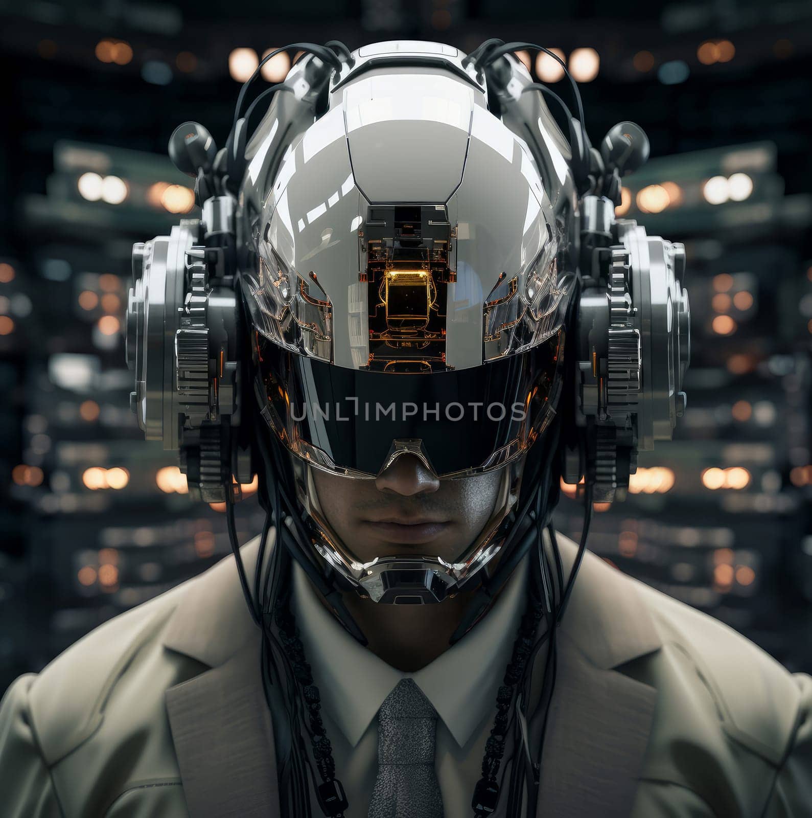 Portable Man cyber helmet. Play neon game. Generate Ai