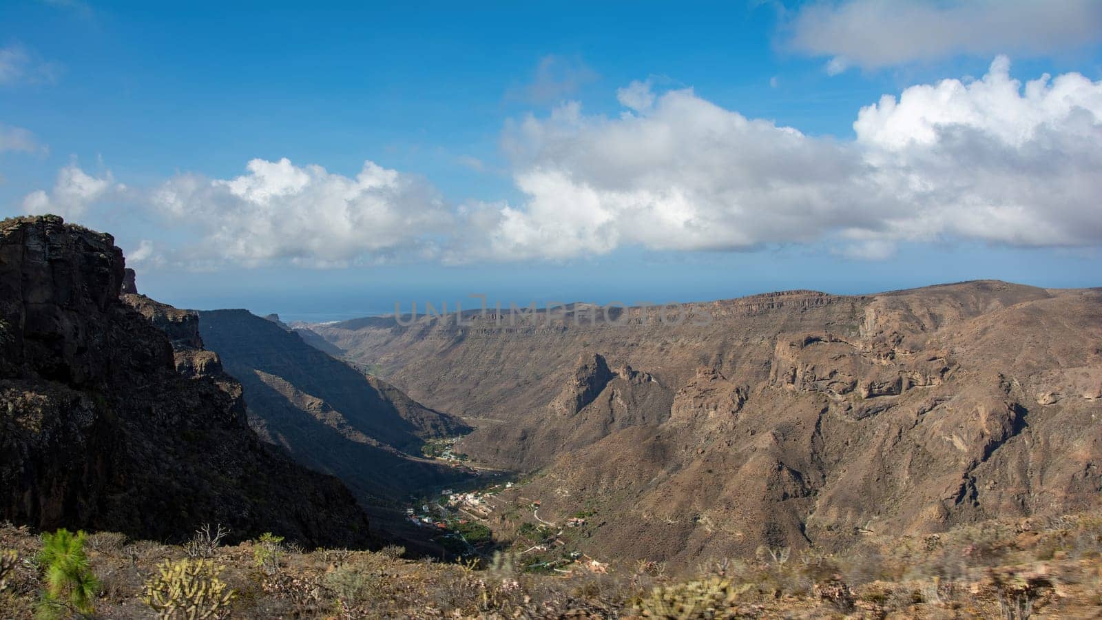 Mountains on the Canary Island of Gran Canaria in Spain, with blue sky and clouds