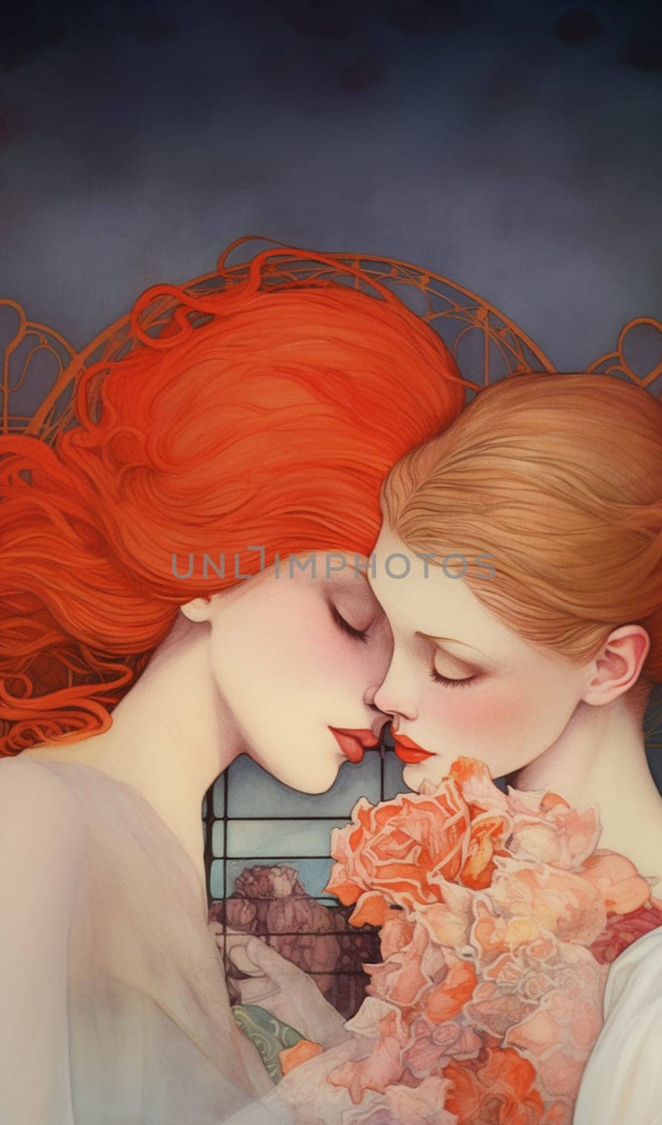 Two girls in love embrace each other. Their hair is bright red and pale blonde tones. The dress of one of them is decorated with orange roses. Intricate red patterns adorn the gray-blue background