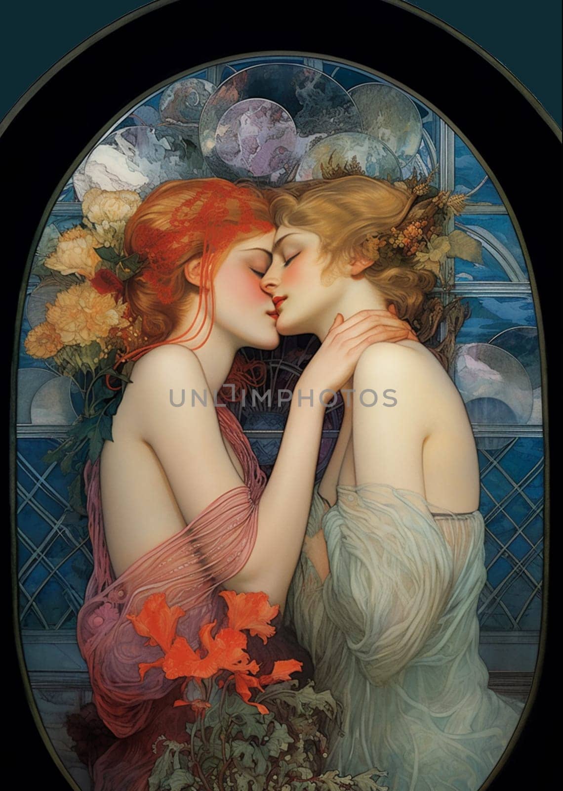 Two girls are kissing in the background of a painting with floral motifs. The illustration has bright and rich colours, mostly blue, red and yellow. The girls are dressed in light, elegant clothes that emphasise their figures. Their hair is loose and shining in the sun. Their faces are turned towards each other and their eyes are closed. They are happy and in love.  Perfect for Valentine's Day, birthday, anniversary, wedding or just to express your feelings to your loved one, couple in love, friend or relative whom you want to wish happiness and love. It can also be used as a symbol of support or solidarity with the LGBT community.