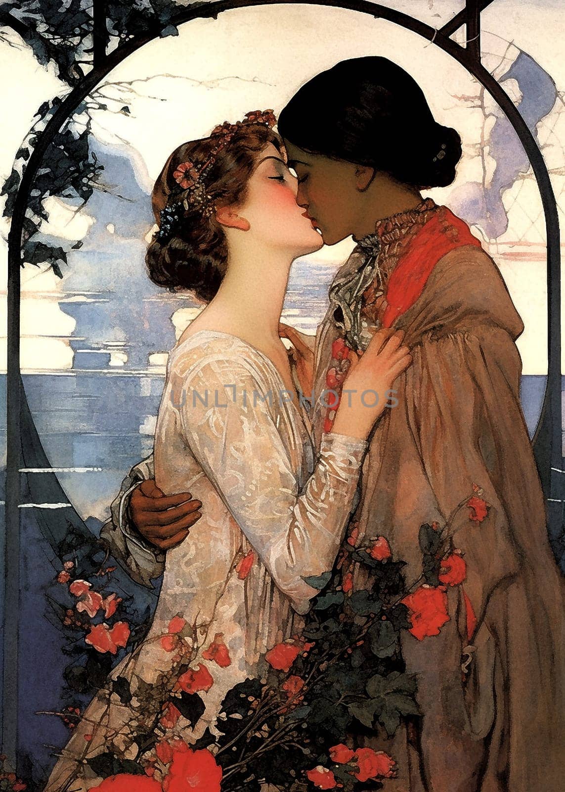The picture shows two women embracing in front of a beautiful natural landscape. They are surrounded by colourful flowers and plants and in the background there is a stained glass window with the sea, sky and silhouettes of ships behind it, creating a romantic atmosphere. The painting uses soft and warm colours such as pink, orange and green. The women are dressed in medieval fashion, one in an elegant gown and the other in a travelling cloak. Perfect for lovers who are temporarily separated or for a sweetheart who loves to travel.