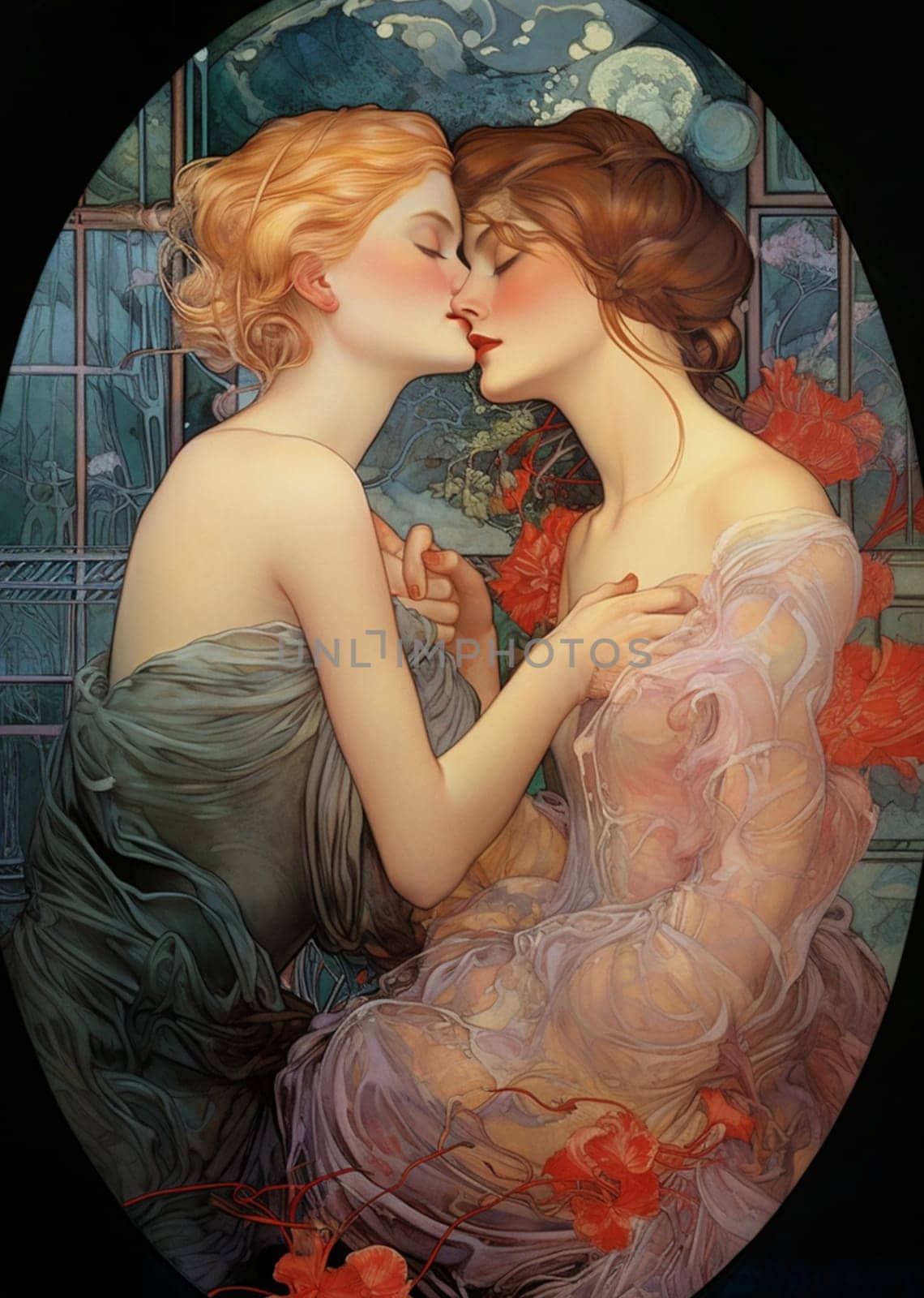Two girls in love embrace each other among flowers. They are both wearing light, transparent dresses that emphasise their femininity and tenderness. One of them has honey-coloured hair, while the other has wheat-coloured hair. Their eyes are closed. They touch each other with their palms and fingers, as if they wanted to feel every atom of each other, they look demure, as if they had just shared a long kiss. They are surrounded by reds and oranges, and the background is in cool blues and purples with stained-glass elements.