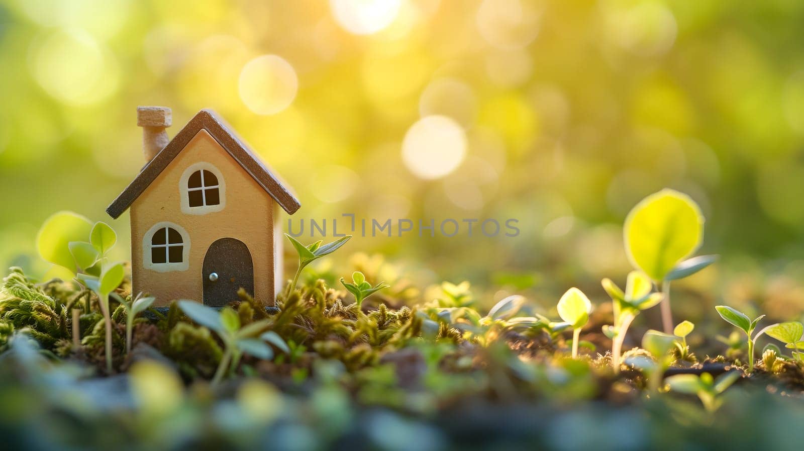 Spring background with a tiny toy house symbolizing family mortgage construction rental and property concepts. Neural network generated image. Not based on any actual person or scene.