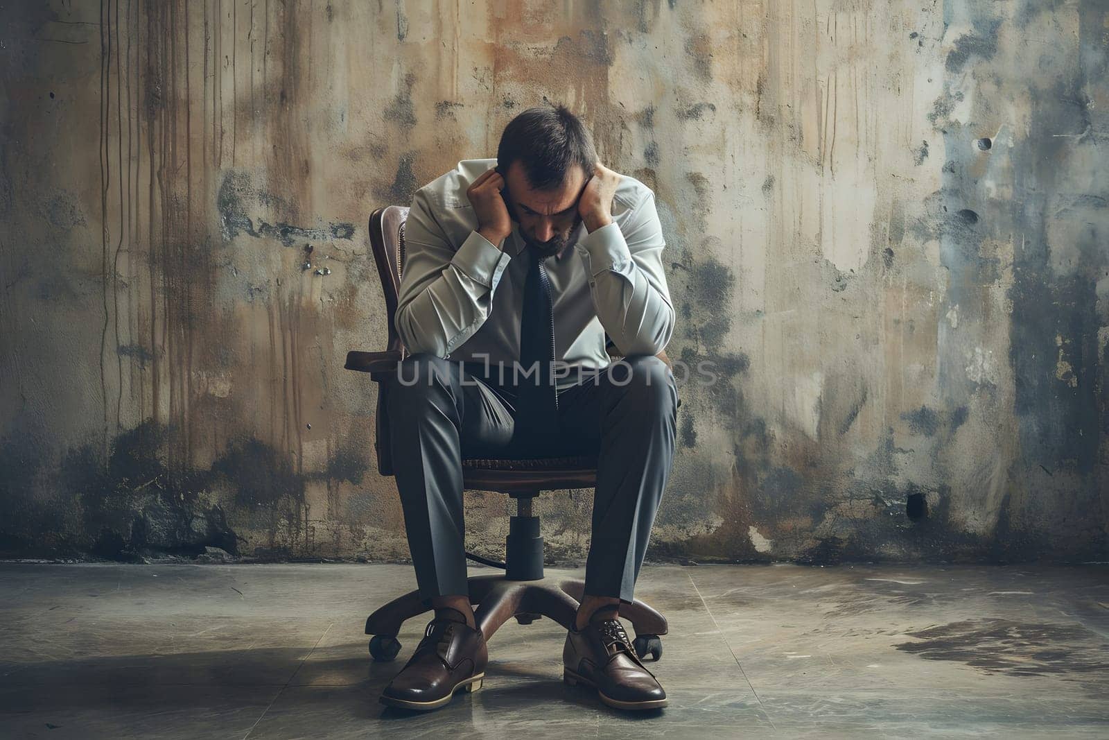 Businessman seated in his chair in frustration and stress. Neural network generated image. Not based on any actual person or scene.