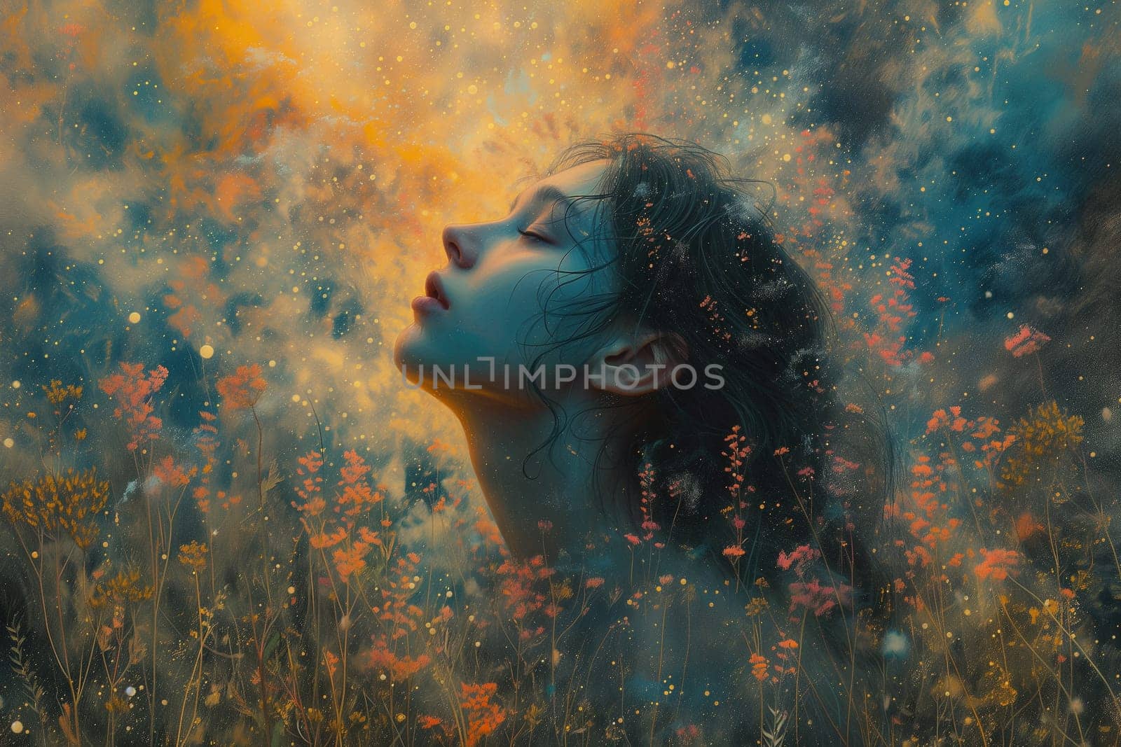 Human mind with flowers, positive thinking, creative brain, self care and mental health concept, woman with spring blossoms