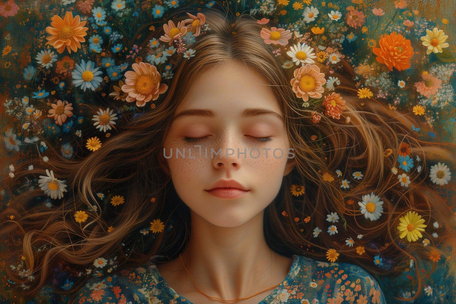 Human mind with flowers, positive thinking, creative brain, self care and mental health concept, woman with spring blossoms