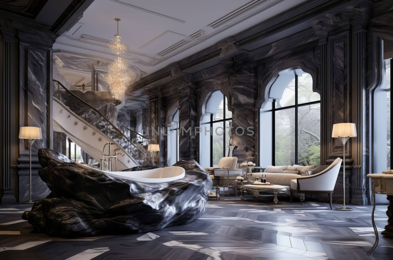 Glossy Marble white room. Floor studio. Generate Ai