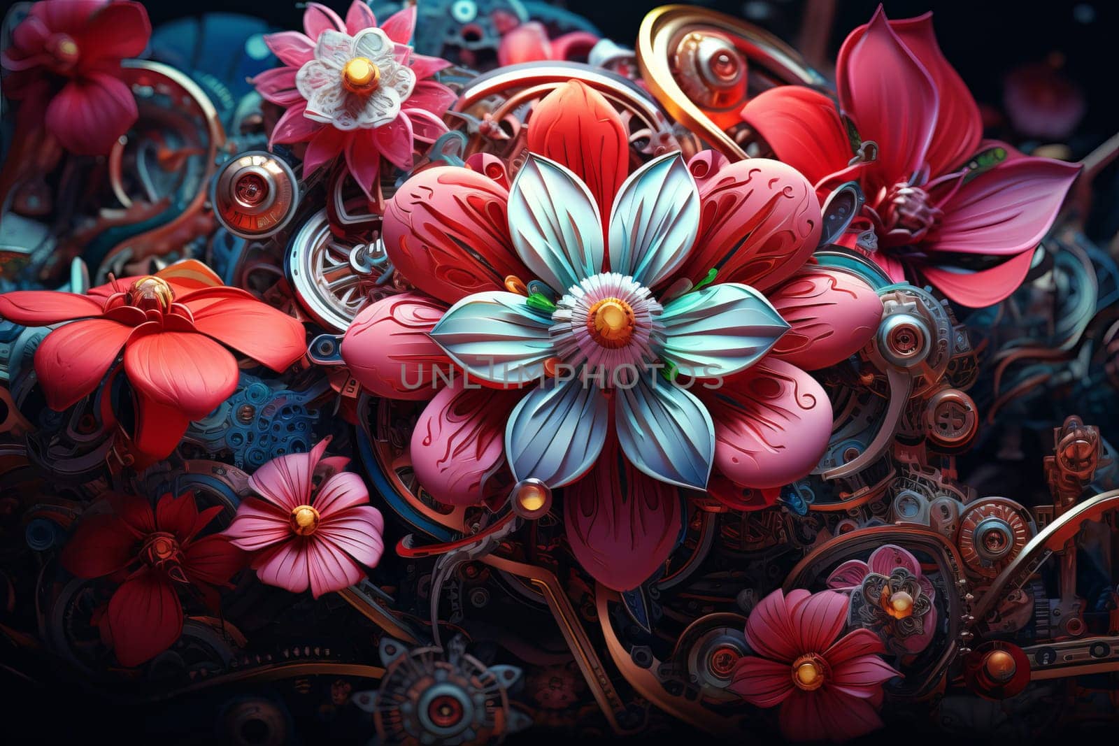 Intricate Mechanical flowers. Metal steel sky. Generate Ai