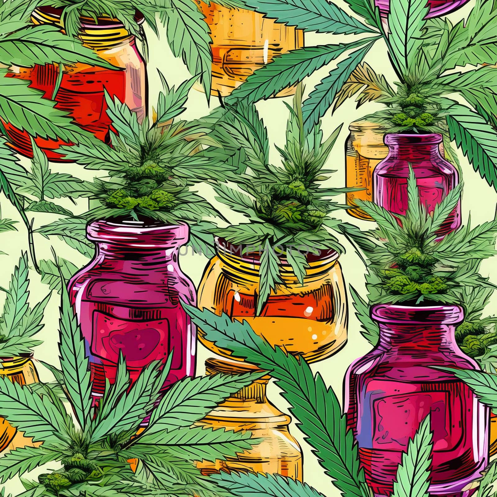 Vivid Medical marijuana art seamless pattern. Flower drug. Generate Ai