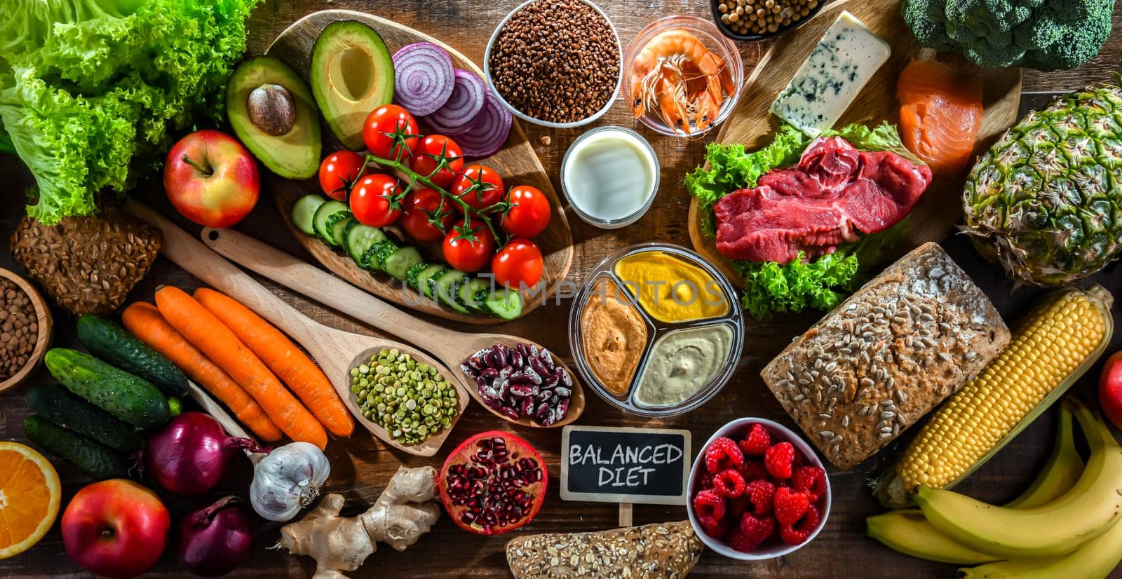 A variety of food products representing balanced diet