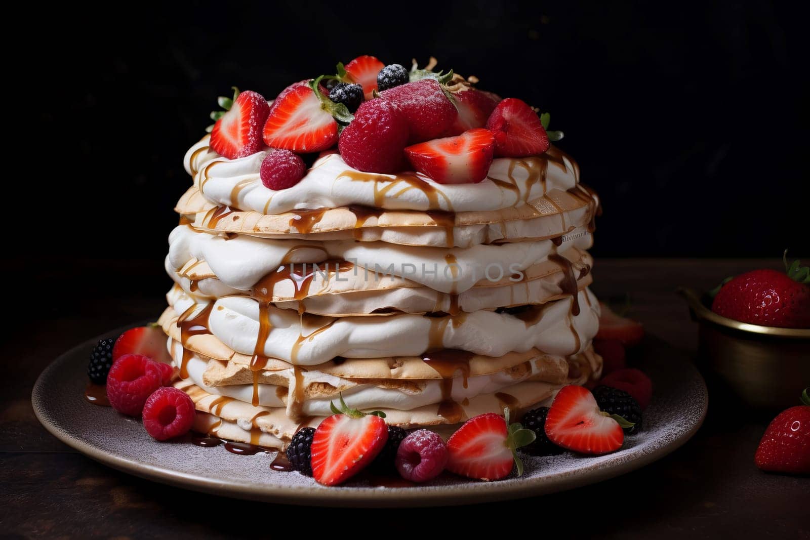 Delicate Meringue cake. White cream. Generate Ai