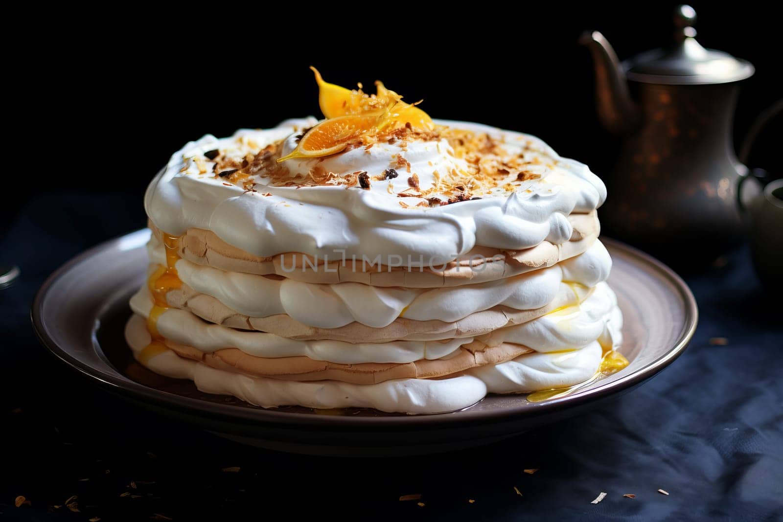 Meringue cake dessert. White cream. Generate Ai