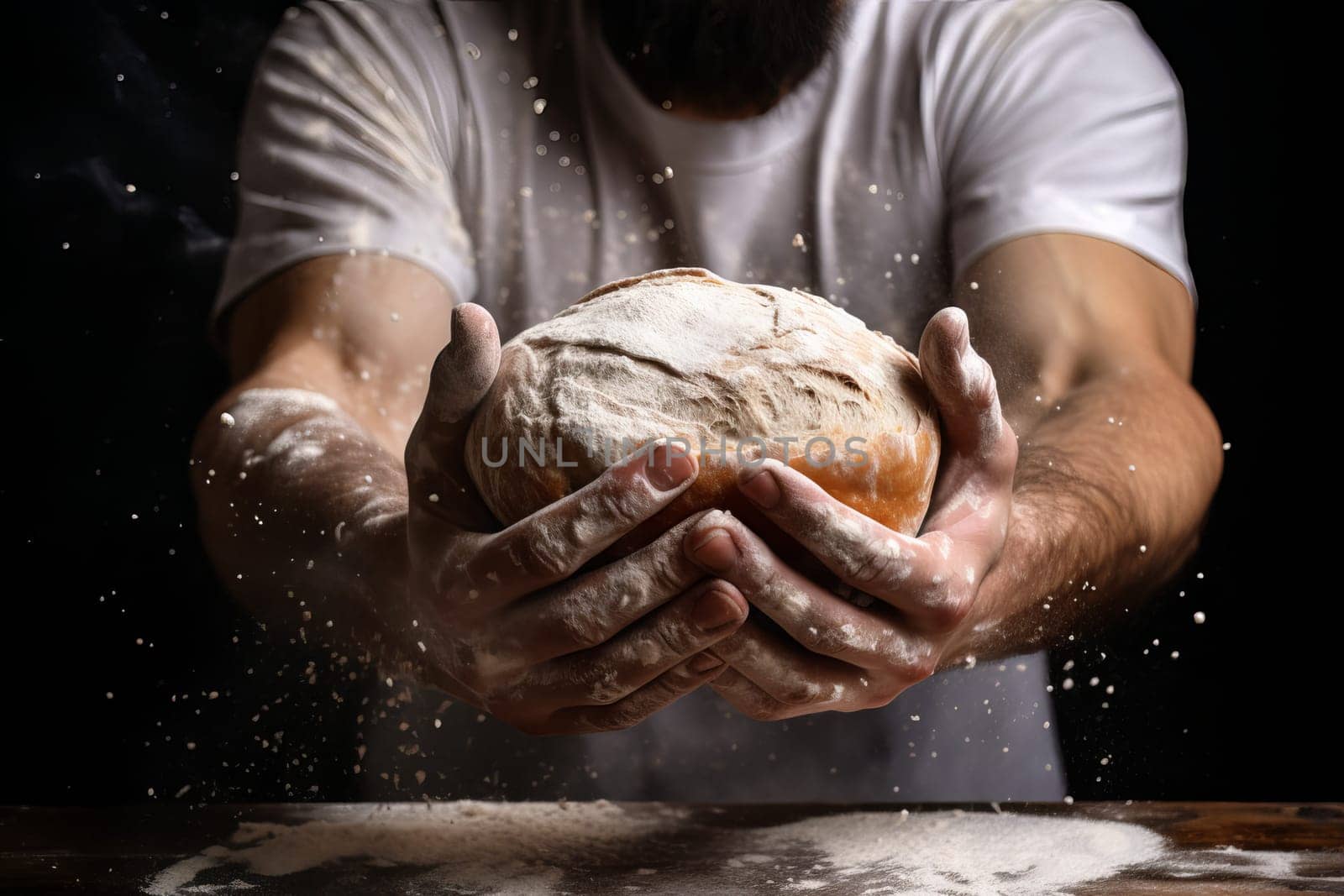 Man hands flour splash. Food hand make. Generate Ai