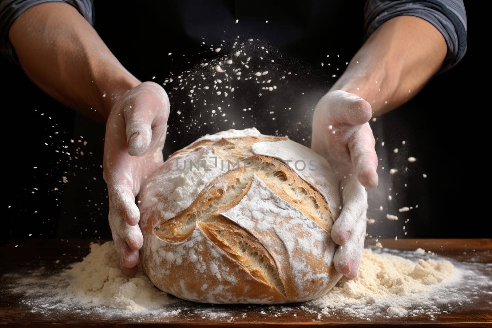 Powdery Man hands flour splash. Food hand make. Generate Ai