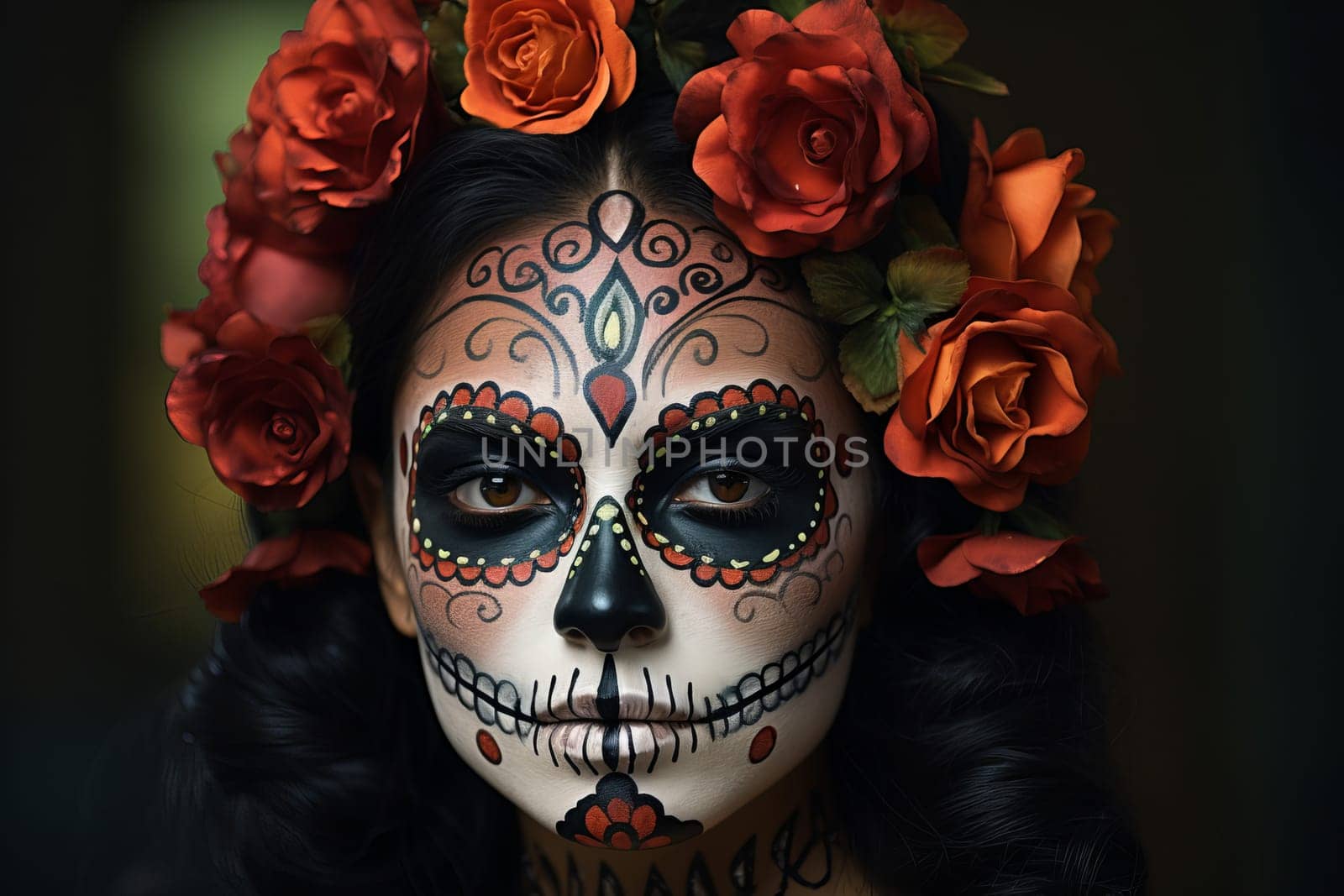 Dead day woman mexican face. Hair model. Generate Ai