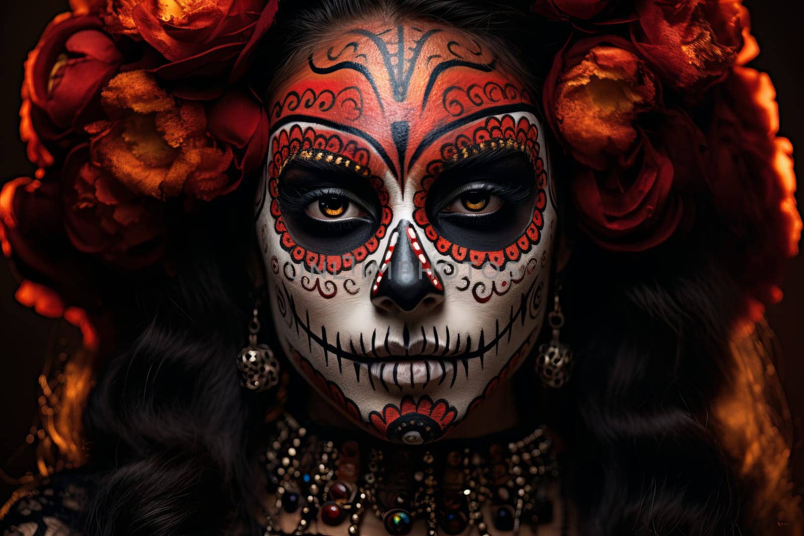 Expressive Dead day woman mexican face. Hair model. Generate Ai