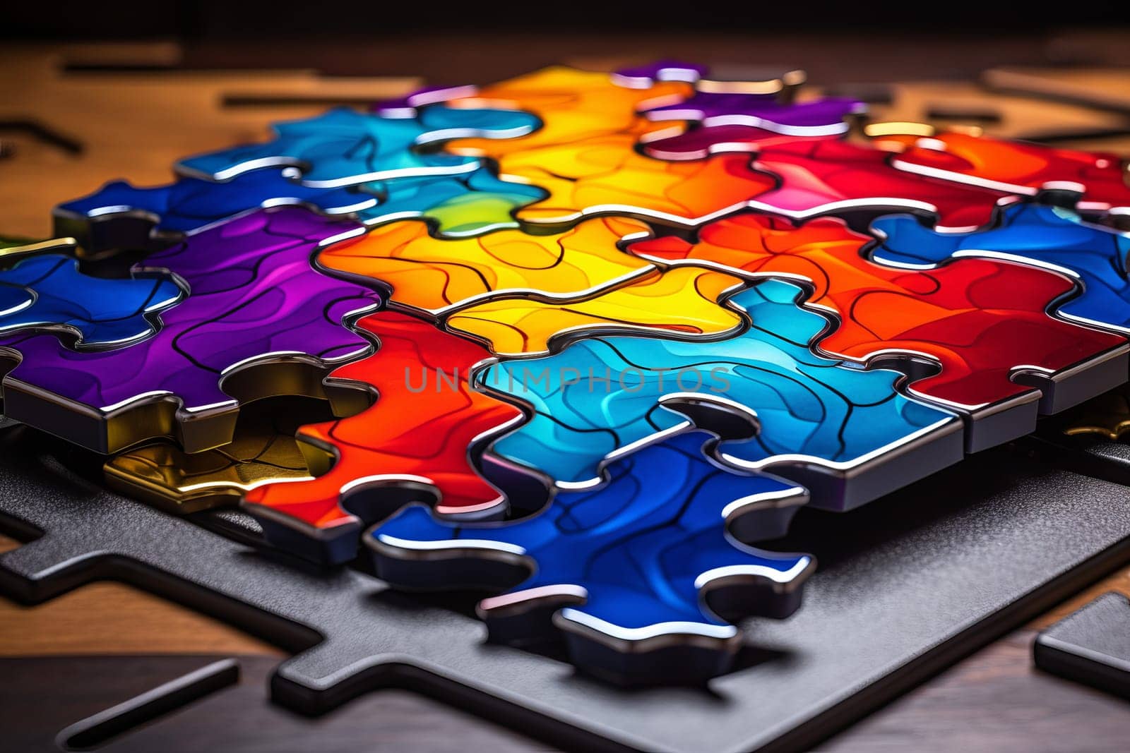 Interlocking Metal colorful puzzle pieces on black background. Metallic luster jigsaw shapes on dark surface. Generate ai
