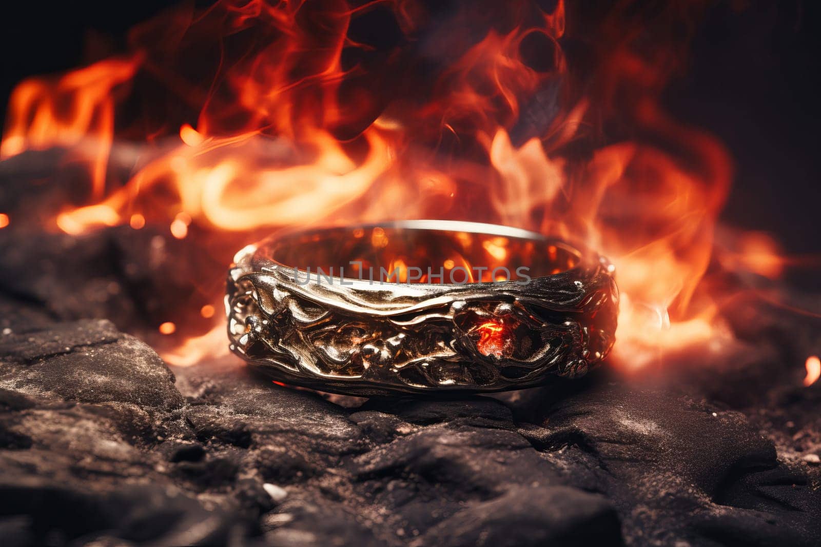 Metal ring fire stage. Smoke explosion. Generate Ai