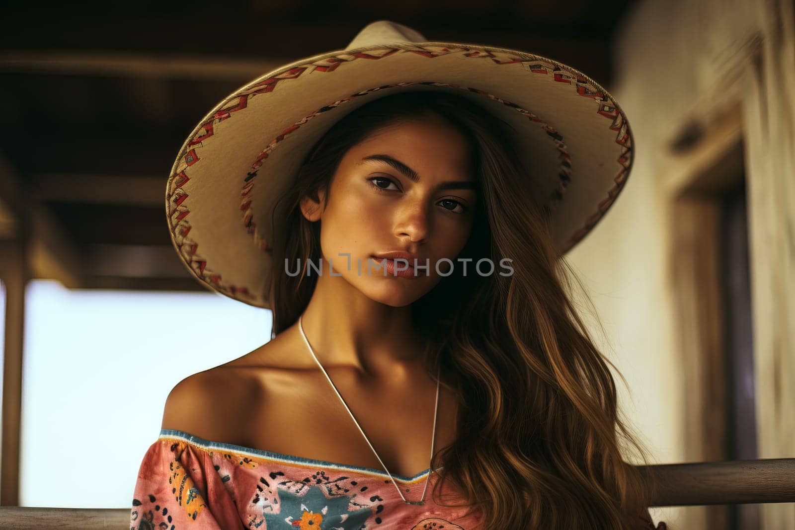 Sun-kissed Happy mexican baby girl in summer hat. Cute smile. Generate Ai