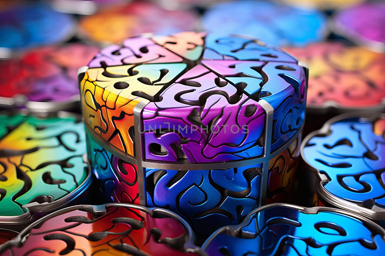 Shiny Metal colorful puzzle pieces on black background. Metallic luster jigsaw shapes on dark surface. Generate ai