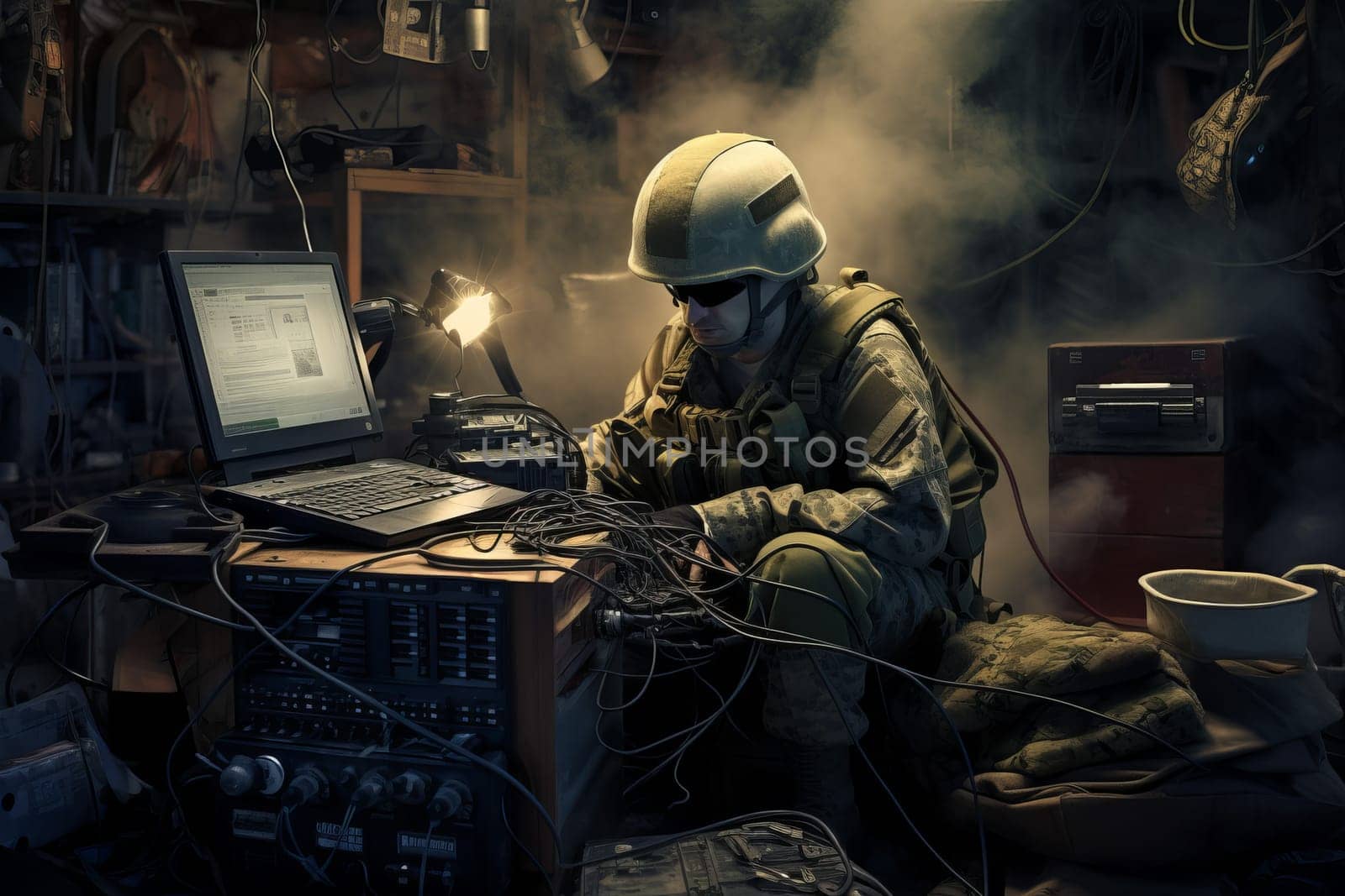 Precise Military team defuses computer technology. Military digital operation for enemy deactivation. Generate ai