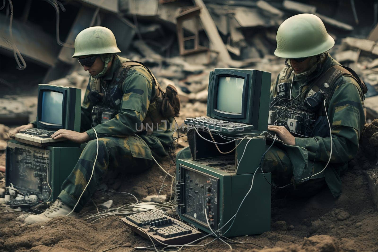 Military team defuses computer technology. Military digital operation for enemy deactivation. Generate ai