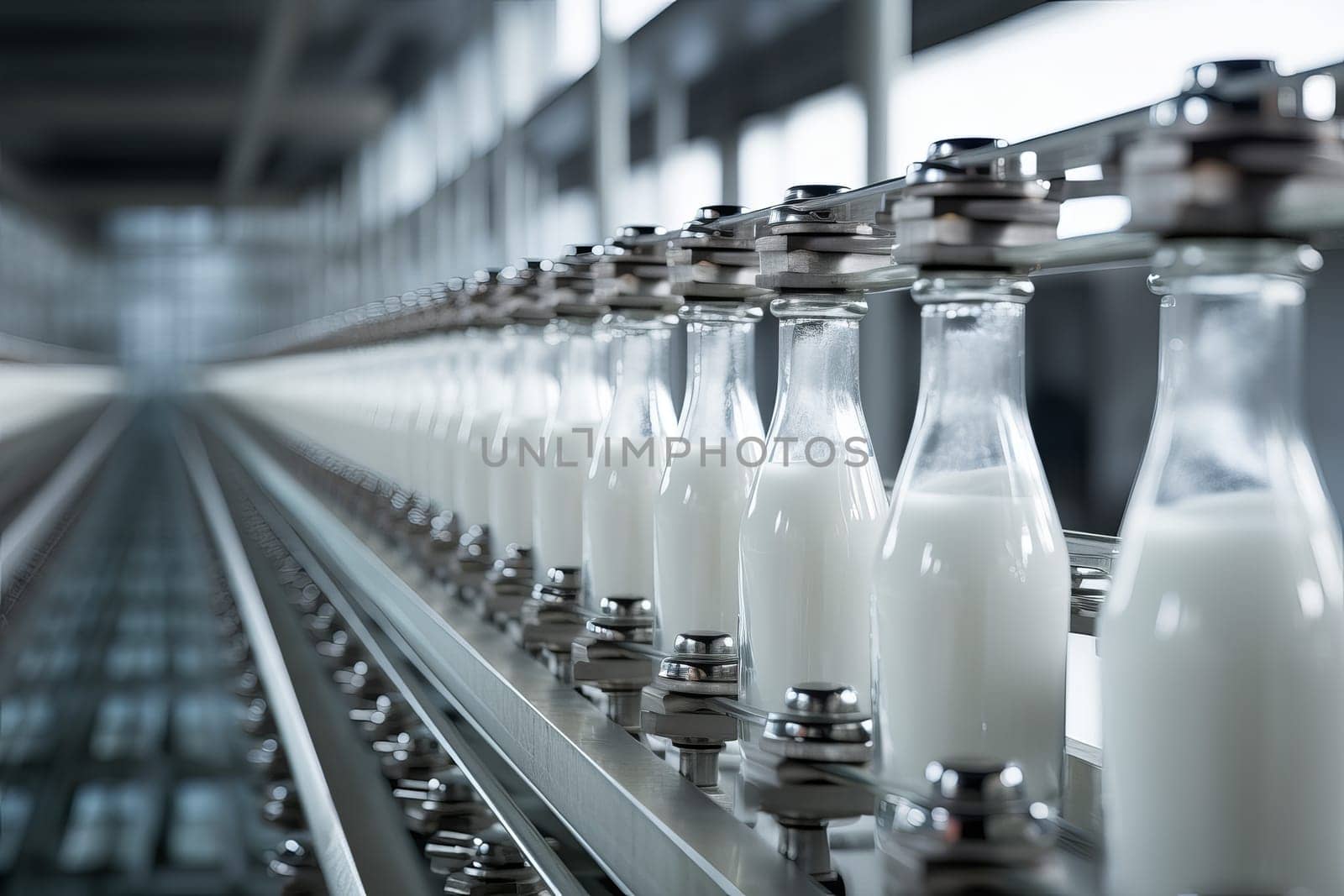 Automated Milk bottle conveyor. Factory line. Generate Ai