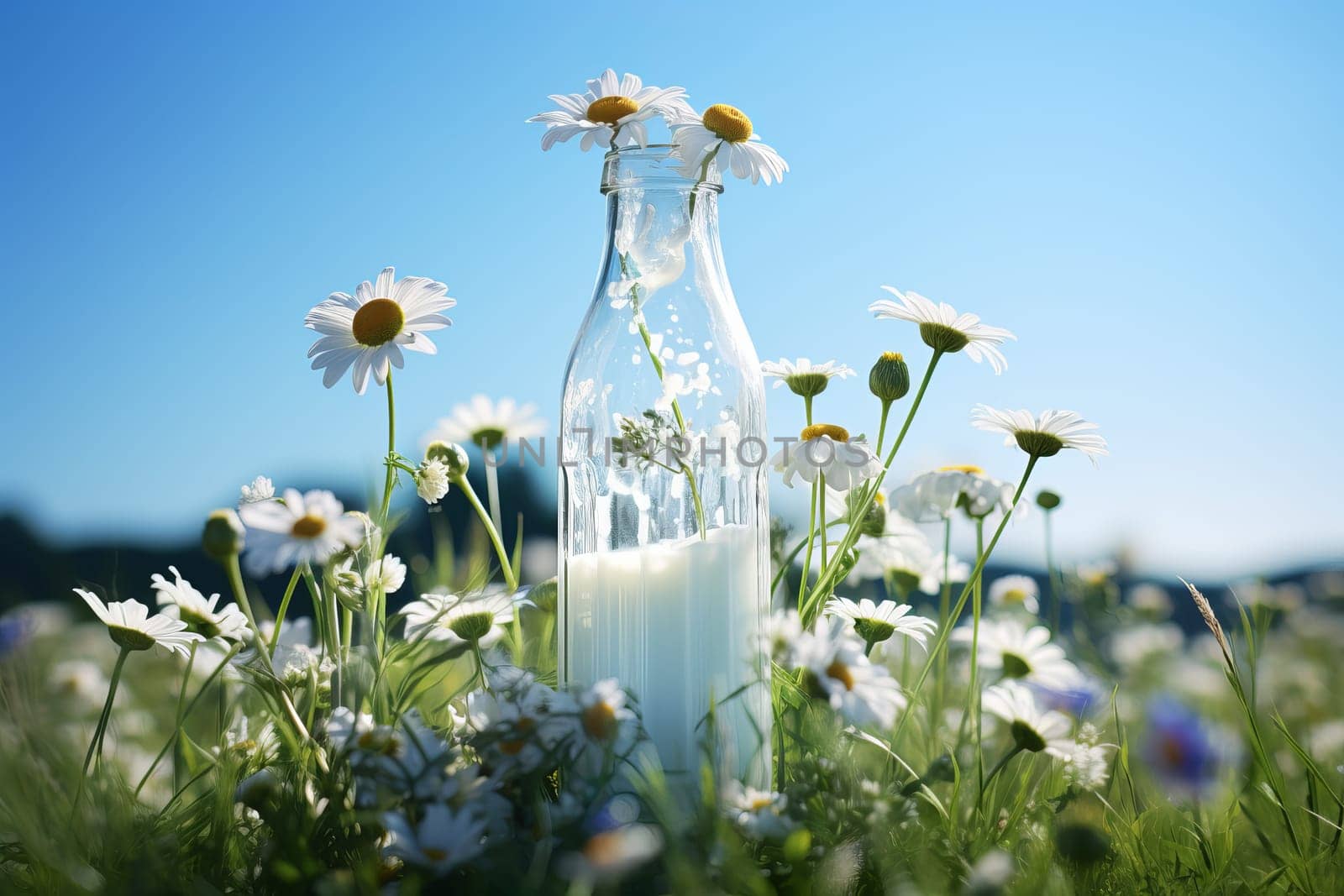 Milk in bottle flower. Glass drink dairy. Generate Ai