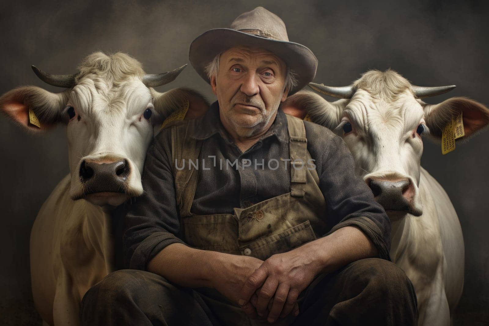 Milkmaid person bucket cows. Farm cow summer. Generate Ai