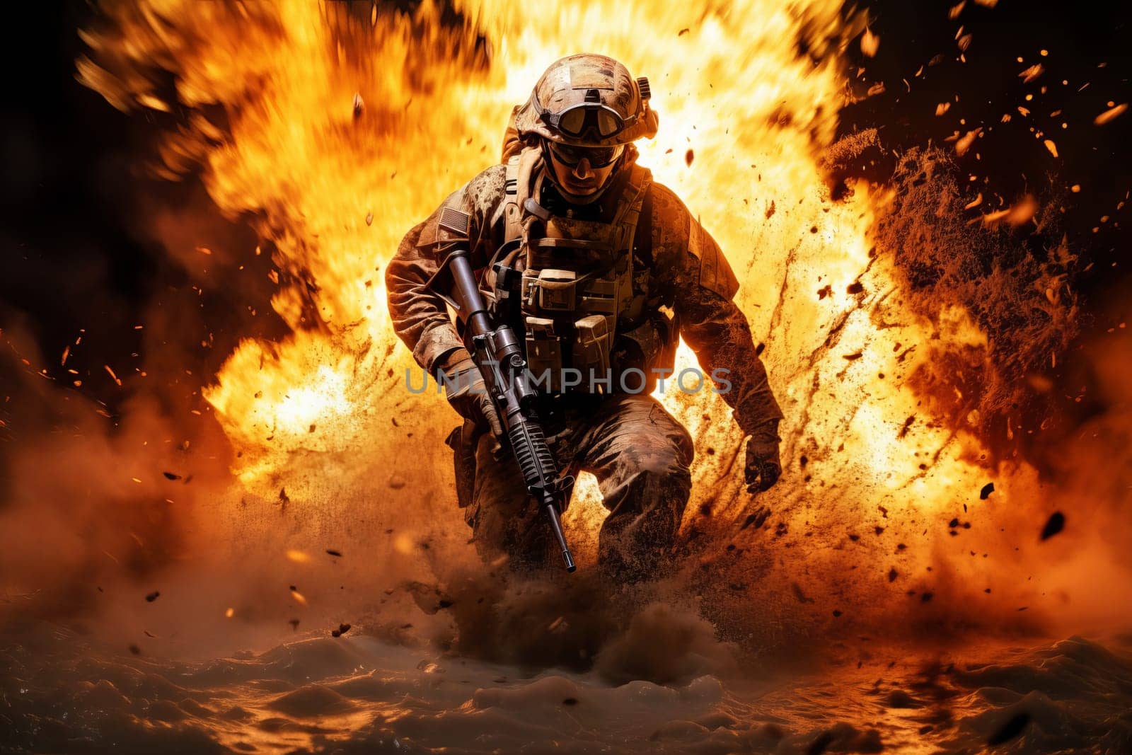 Military soldier in fire splashes. Warrior assault in flames. Generate Ai