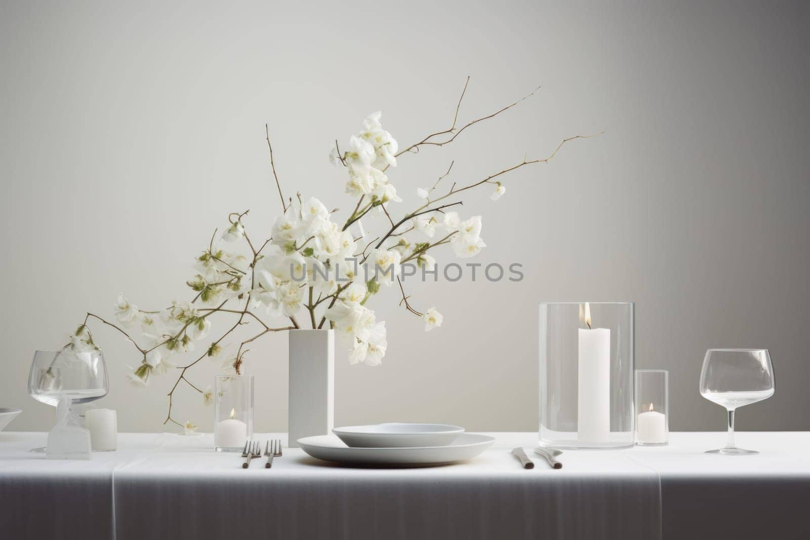 Minimalist eucalyptus table decor candles. Natural spring art frame design. Generate Ai