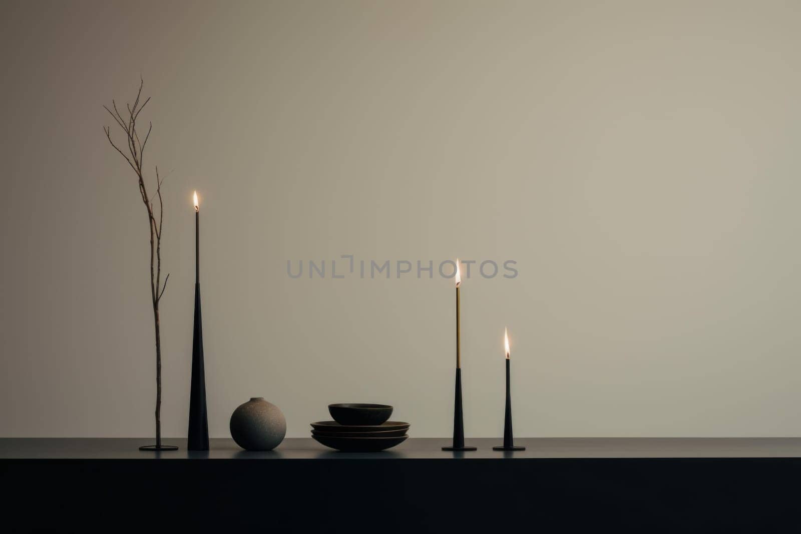 Simplistic Minimalist eucalyptus table burning candles. House interior trendy decor. Generate Ai
