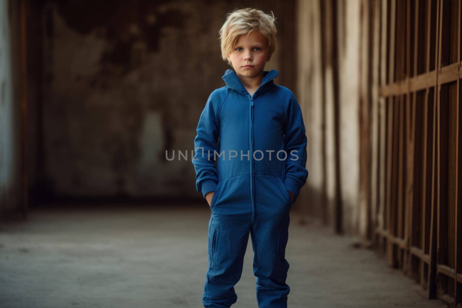 Secluded Modern child underground bunker. Blue jumpsuit. Generate Ai
