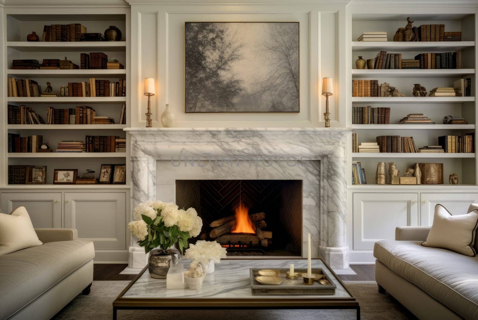 Grand Living room marble wall. Stylish home. Generate Ai