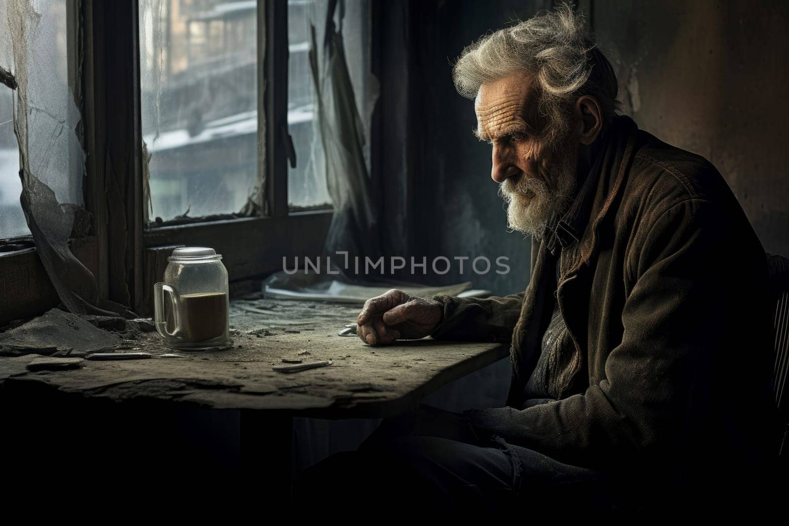 Forsaken Lonely elderly man. Negative home alone senior male. Generate Ai