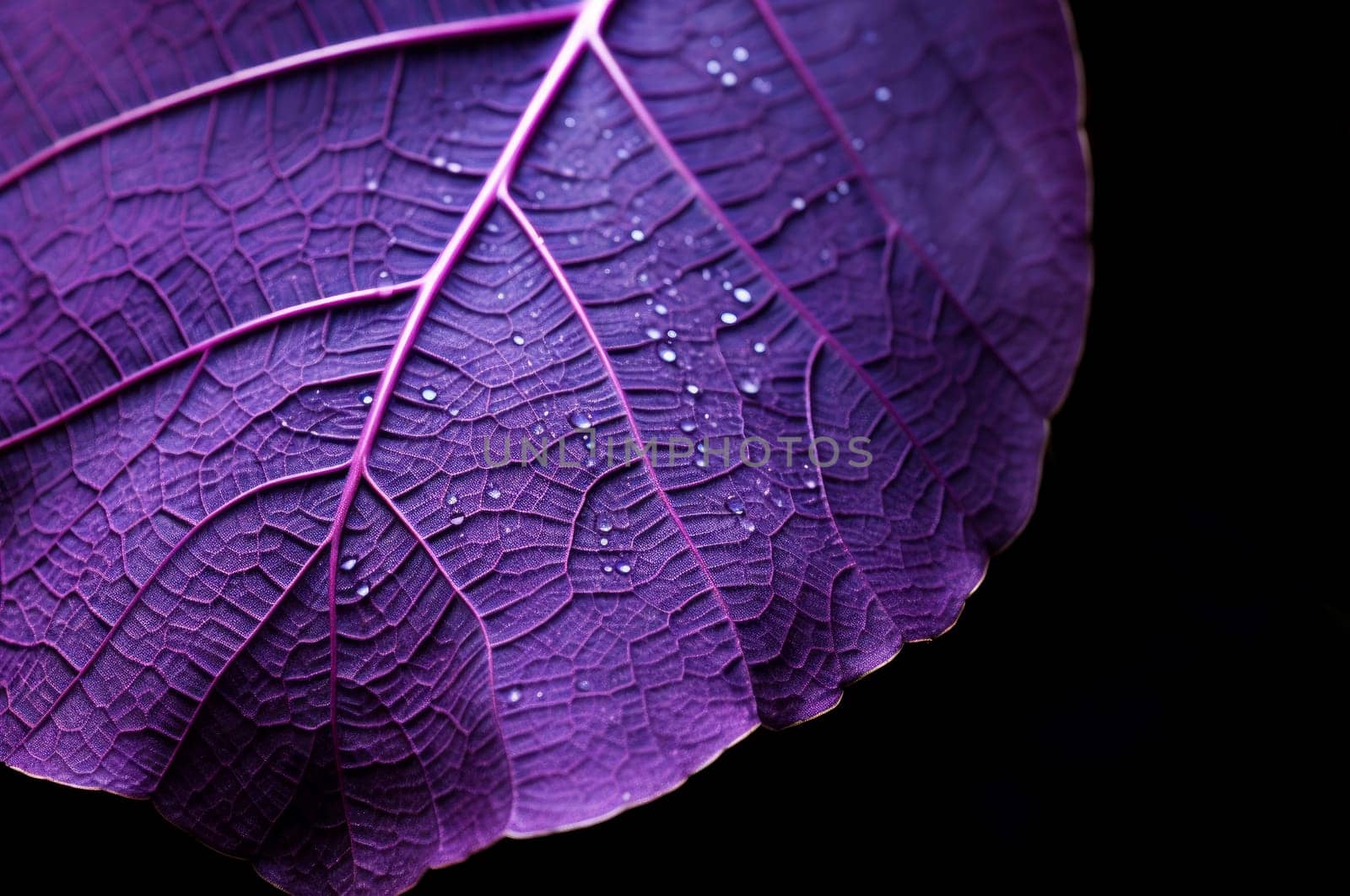 Breathtaking Macro purple leaf water drops. Spring plant. Generate Ai
