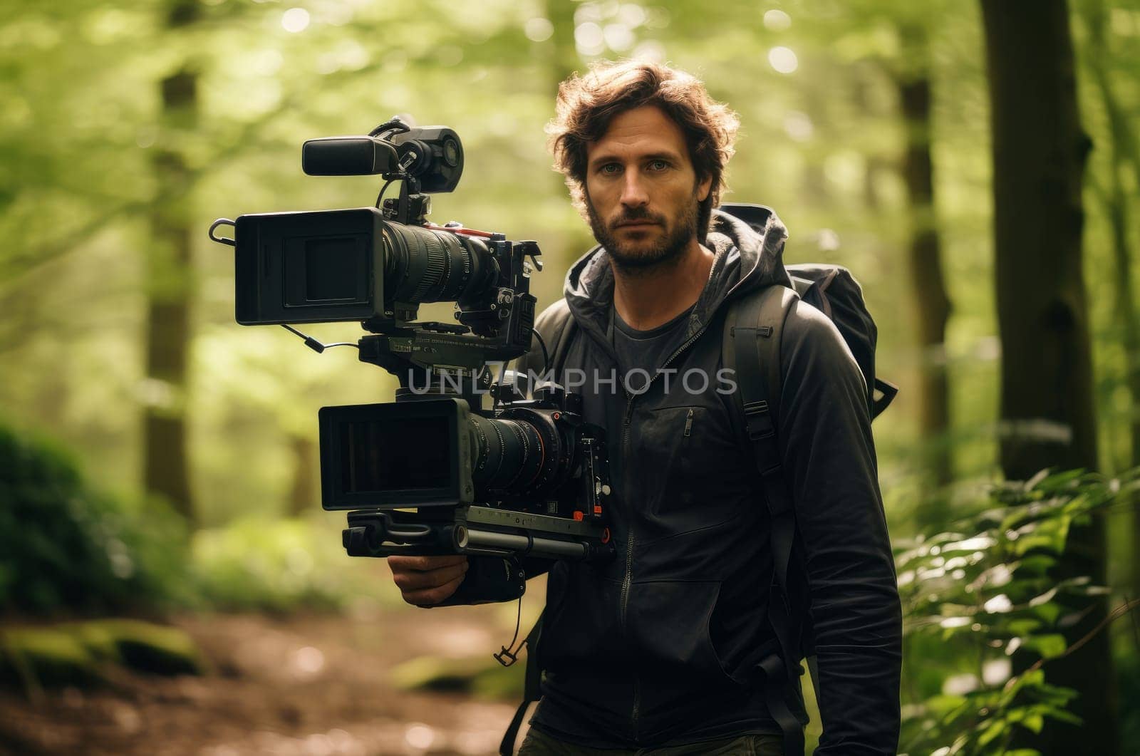 Artsy Man cameraman filming. Cinema tv set. Generate Ai